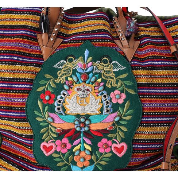 Christian Louboutin Mexicaba Tote Bag Green Orange Multi Jacquard Felt Leather - Picture 3 of 9